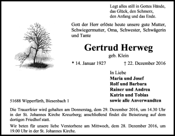 Anzeige von Gertrud Herweg von Kölner Stadt-Anzeiger / Kölnische Rundschau / Express