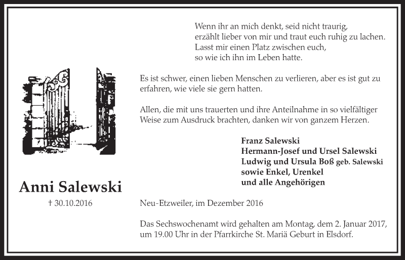  Traueranzeige für Anni Salewski vom 24.12.2016 aus  Sonntags-Post 