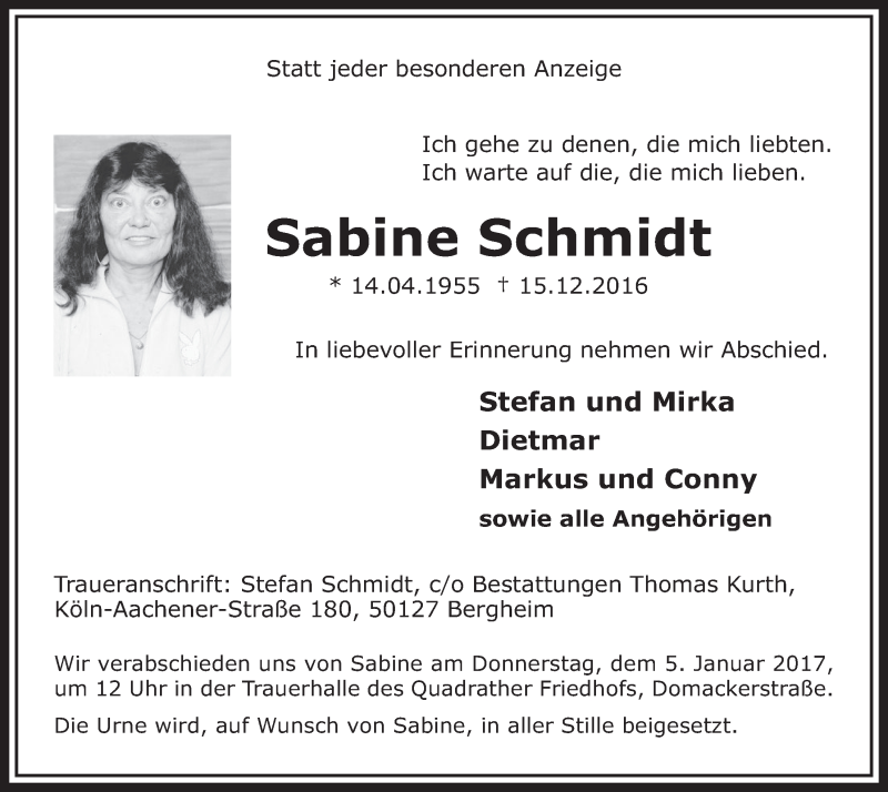  Traueranzeige für Sabine Schmidt vom 31.12.2016 aus  Sonntags-Post 