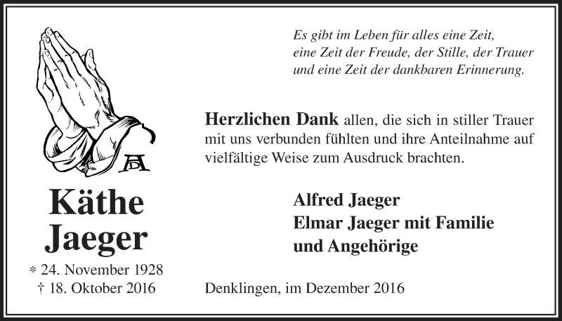  Traueranzeige für Alfred Jaeger vom 07.12.2016 aus  Lokalanzeiger 