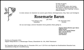 Anzeige von Rosemarie Baron von Kölner Stadt-Anzeiger / Kölnische Rundschau / Express
