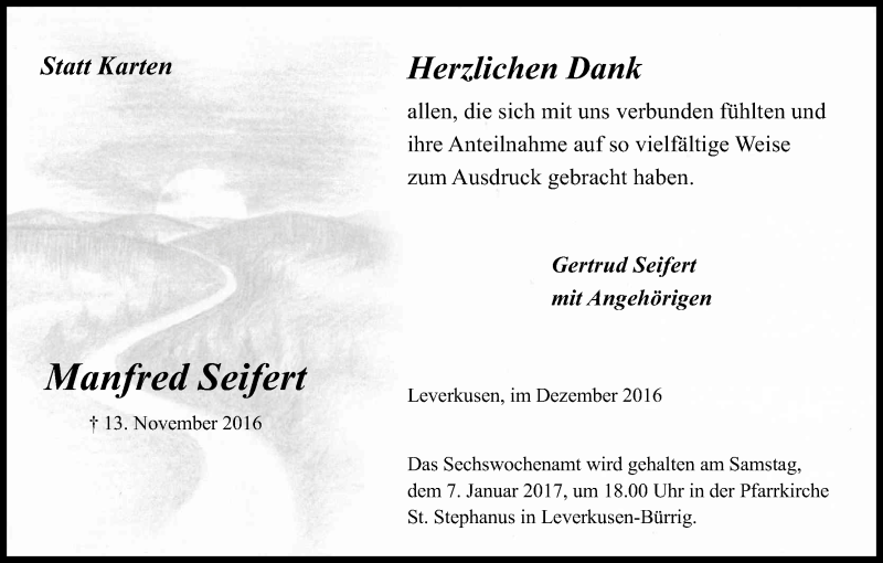  Traueranzeige für Manfred Seifert vom 14.12.2016 aus Kölner Stadt-Anzeiger / Kölnische Rundschau / Express