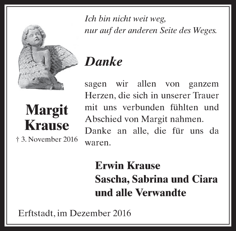  Traueranzeige für Margit Krause vom 21.12.2016 aus  Werbepost 