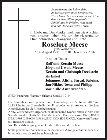 Anzeige von Roselore Meese von  Wochenende 