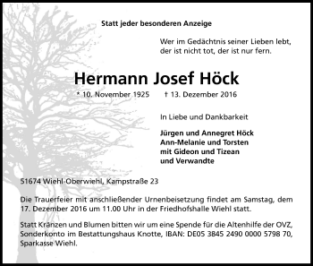 Anzeige von Hermann Josef Höck von Kölner Stadt-Anzeiger / Kölnische Rundschau / Express
