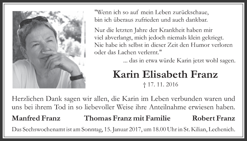  Traueranzeige für Karin Elisabeth Franz vom 14.12.2016 aus  Werbepost 