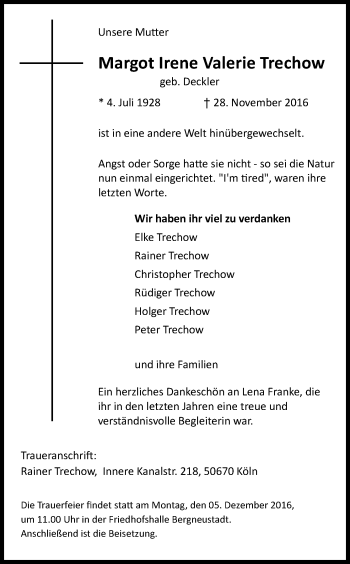 Anzeige von Margot Irene Valerie Trechow von Kölner Stadt-Anzeiger / Kölnische Rundschau / Express