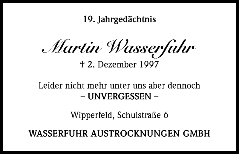 Traueranzeige für Martin Wasserfuhr vom 03.12.2016 aus Kölner Stadt-Anzeiger / Kölnische Rundschau / Express