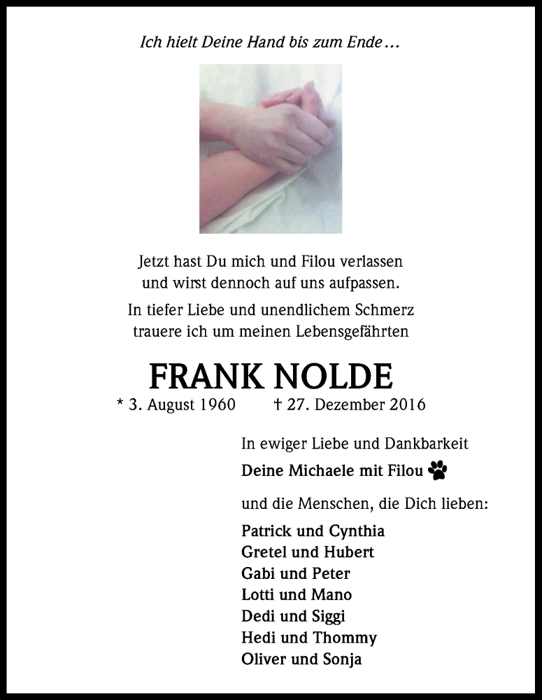  Traueranzeige für Frank Nolde vom 31.12.2016 aus Kölner Stadt-Anzeiger / Kölnische Rundschau / Express