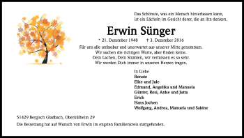 Anzeige von Erwin Sünger von Kölner Stadt-Anzeiger / Kölnische Rundschau / Express