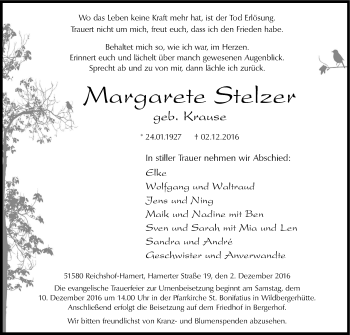 Anzeige von Margarete Stelzer von Kölner Stadt-Anzeiger / Kölnische Rundschau / Express