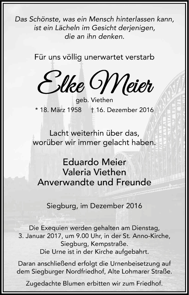  Traueranzeige für Elke Meier vom 30.12.2016 aus Kölner Stadt-Anzeiger / Kölnische Rundschau / Express