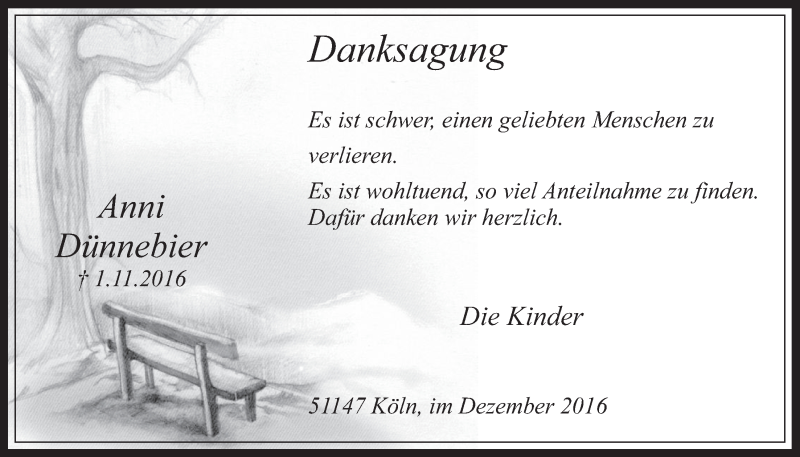  Traueranzeige für Anni Dünnebier vom 07.12.2016 aus  Kölner Wochenspiegel 