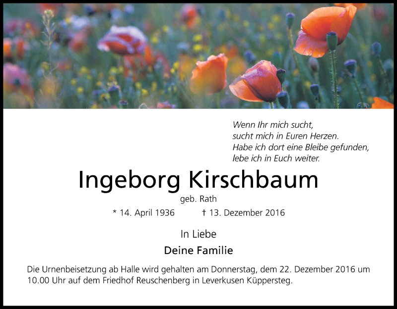  Traueranzeige für Ingeborg Kirschbaum vom 17.12.2016 aus Kölner Stadt-Anzeiger / Kölnische Rundschau / Express