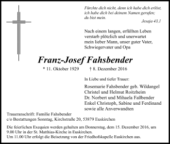 Anzeige von Franz-Josef Fahsbender von Kölner Stadt-Anzeiger / Kölnische Rundschau / Express