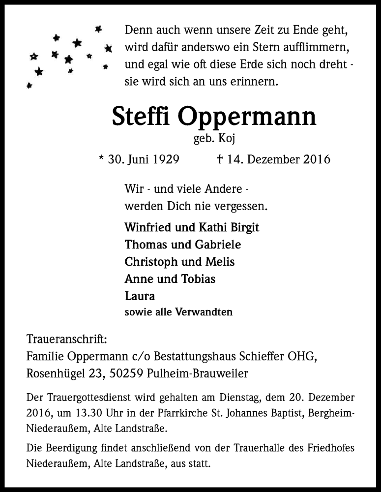  Traueranzeige für Steffi Oppermann vom 17.12.2016 aus Kölner Stadt-Anzeiger / Kölnische Rundschau / Express
