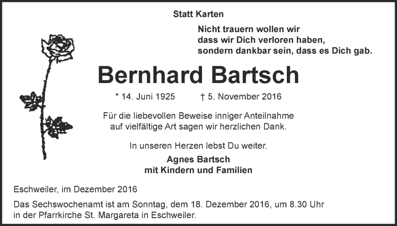  Traueranzeige für Bernhard Bartsch vom 03.12.2016 aus  Blickpunkt Euskirchen 