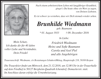 Anzeige von Brunhilde Wiedmann von  Sonntags-Post 