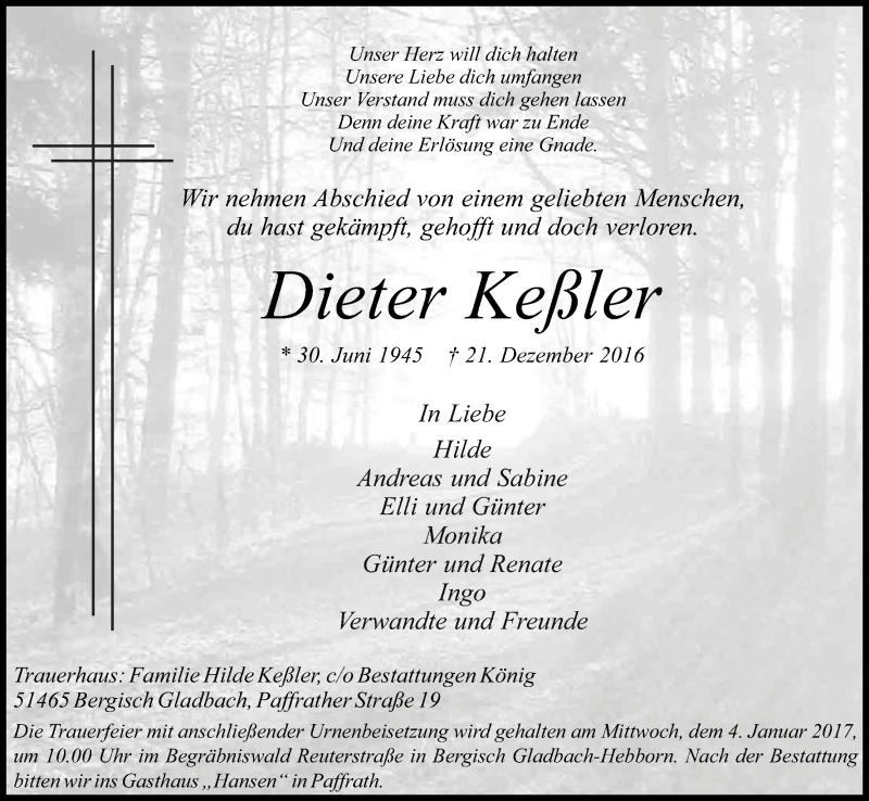  Traueranzeige für Dieter Keßler vom 31.12.2016 aus Kölner Stadt-Anzeiger / Kölnische Rundschau / Express