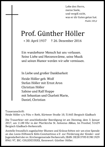 Anzeige von Günther  Höller von Kölner Stadt-Anzeiger / Kölnische Rundschau / Express