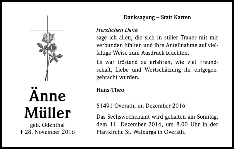  Traueranzeige für Änne Müller vom 03.12.2016 aus Kölner Stadt-Anzeiger / Kölnische Rundschau / Express