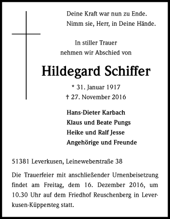 Anzeige von Hildegard Schiffer von Kölner Stadt-Anzeiger / Kölnische Rundschau / Express