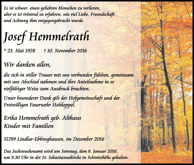  Traueranzeige für Josef Hemmelrath vom 24.12.2016 aus Kölner Stadt-Anzeiger / Kölnische Rundschau / Express