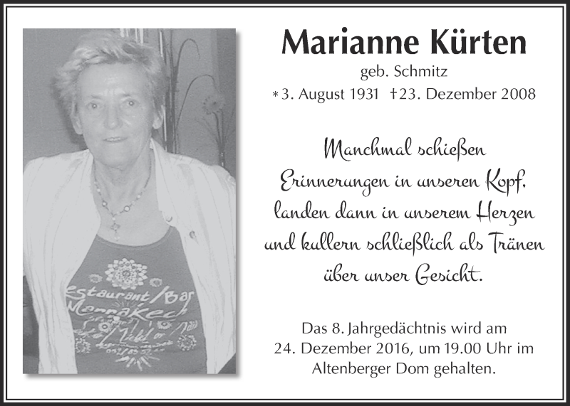  Traueranzeige für Marianne Kürten vom 21.12.2016 aus  Bergisches Handelsblatt 