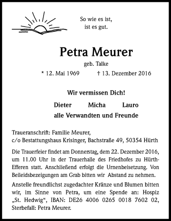 Anzeige von Petra Meurer von Kölner Stadt-Anzeiger / Kölnische Rundschau / Express