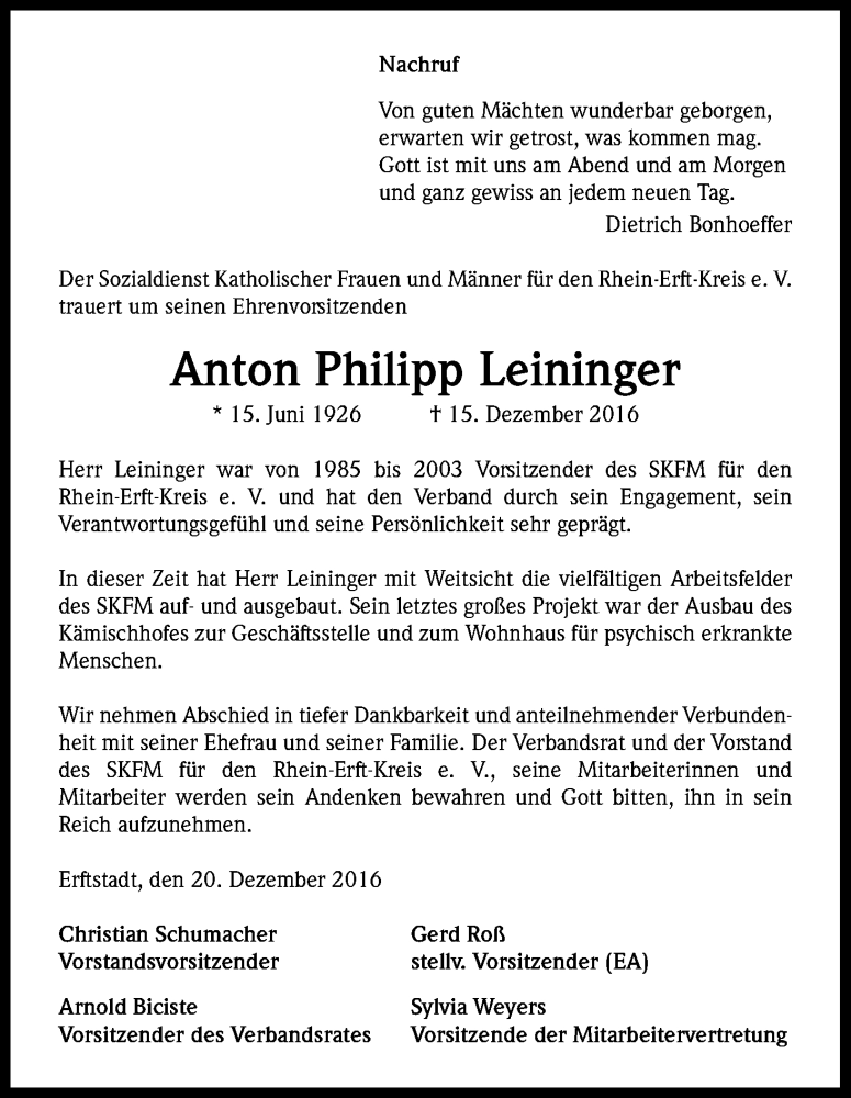  Traueranzeige für Anton Philipp Leininger vom 24.12.2016 aus Kölner Stadt-Anzeiger / Kölnische Rundschau / Express