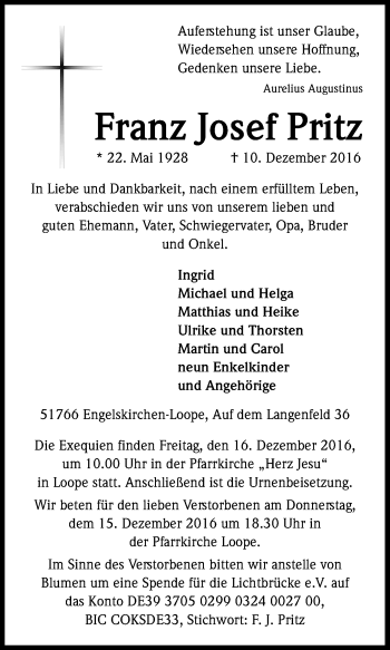 Anzeige von Franz Josef Pritz von Kölner Stadt-Anzeiger / Kölnische Rundschau / Express
