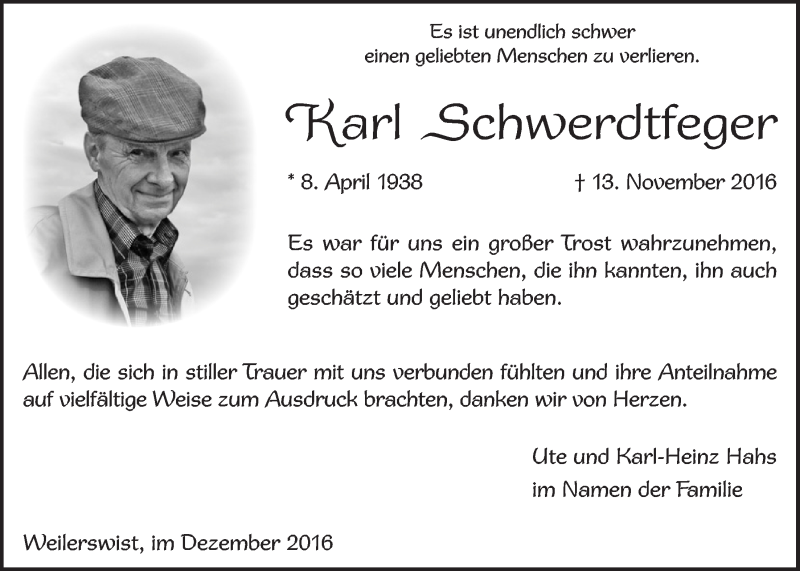  Traueranzeige für Karl Schwerdtfeger vom 17.12.2016 aus  Blickpunkt Euskirchen 
