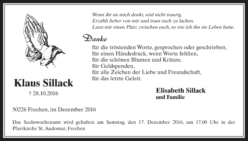  Traueranzeige für Klaus Sillack vom 07.12.2016 aus  Wochenende 