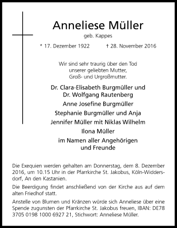 Anzeige von Anneliese Müller von Kölner Stadt-Anzeiger / Kölnische Rundschau / Express