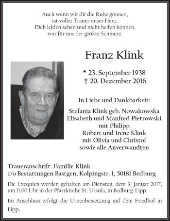 Anzeige von Franz Klink von  Werbepost 