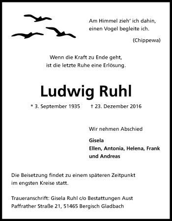 Anzeige von Ludwig Ruhl von Kölner Stadt-Anzeiger / Kölnische Rundschau / Express