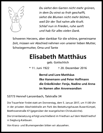 Anzeige von Elisabeth Matthäus von Kölner Stadt-Anzeiger / Kölnische Rundschau / Express