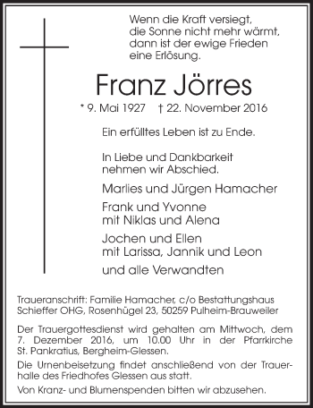 Anzeige von Franz Jörres von  Sonntags-Post 