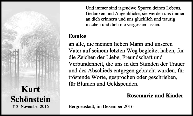  Traueranzeige für Kurt Schönstein vom 10.12.2016 aus Kölner Stadt-Anzeiger / Kölnische Rundschau / Express