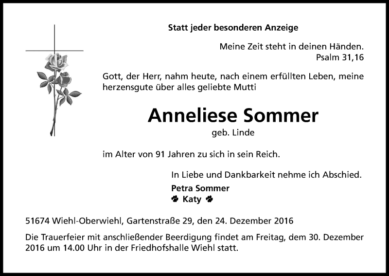  Traueranzeige für Anneliese Sommer vom 28.12.2016 aus Kölner Stadt-Anzeiger / Kölnische Rundschau / Express
