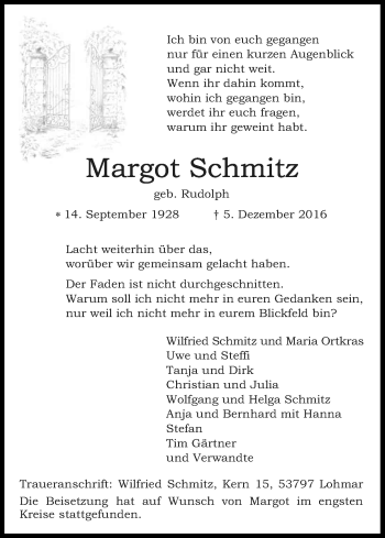 Anzeige von Margot Schmitz von Kölner Stadt-Anzeiger / Kölnische Rundschau / Express