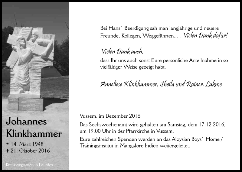  Traueranzeige für Johannes Klinkhammer vom 03.12.2016 aus Kölner Stadt-Anzeiger / Kölnische Rundschau / Express