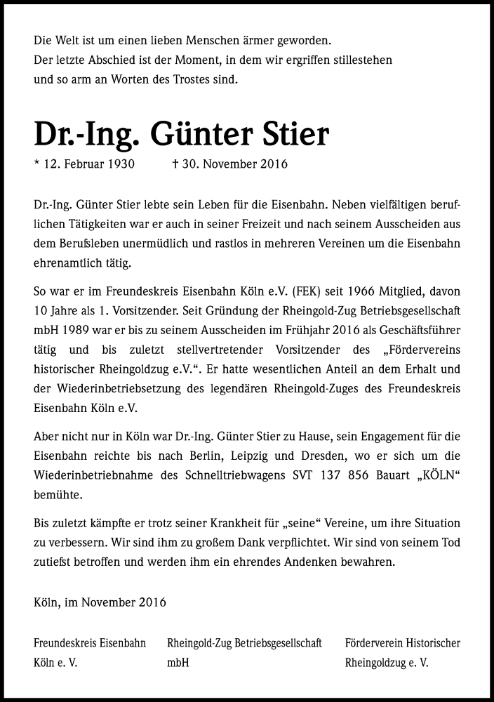  Traueranzeige für Günter Stier vom 03.12.2016 aus Kölner Stadt-Anzeiger / Kölnische Rundschau / Express