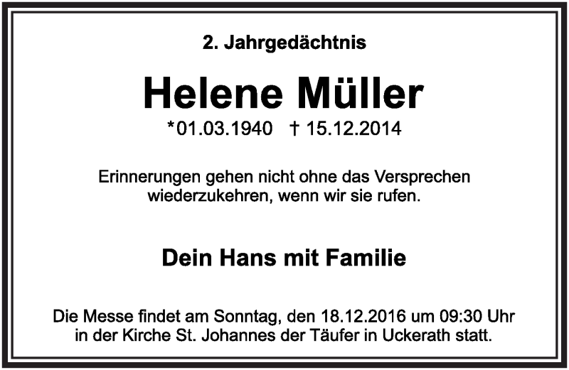  Traueranzeige für Helene Müller vom 14.12.2016 aus  Extra Blatt 