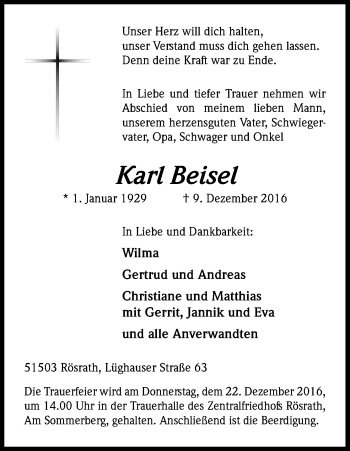Anzeige von Karl Beisel von Kölner Stadt-Anzeiger / Kölnische Rundschau / Express