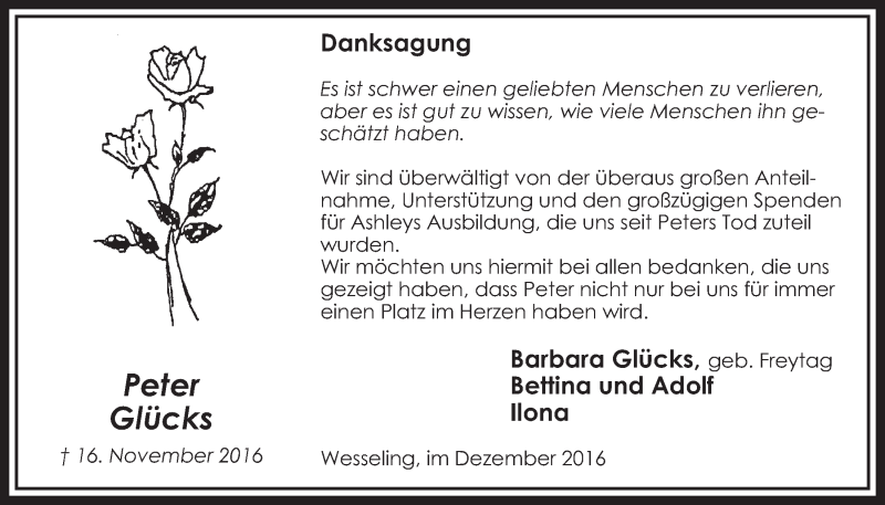  Traueranzeige für Peter Glücks vom 28.12.2016 aus  Schlossbote/Werbekurier 