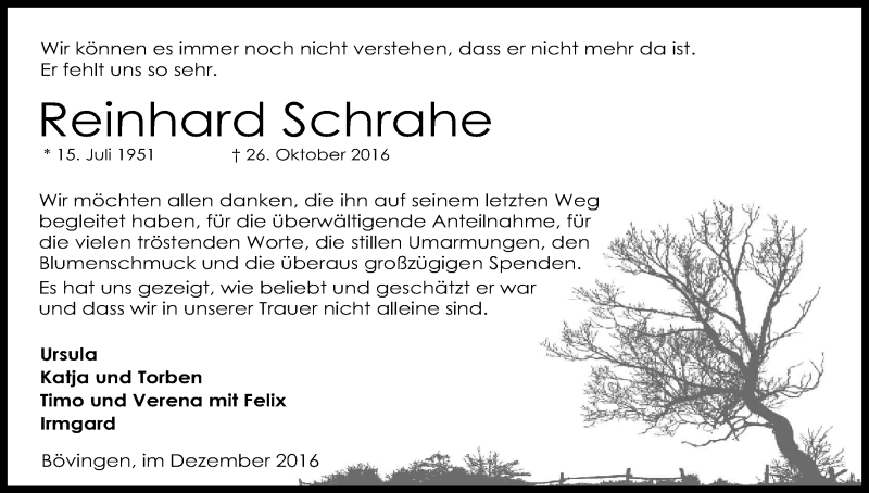 Traueranzeige für Reinhard Schrahe vom 17.12.2016 aus Kölner Stadt-Anzeiger / Kölnische Rundschau / Express