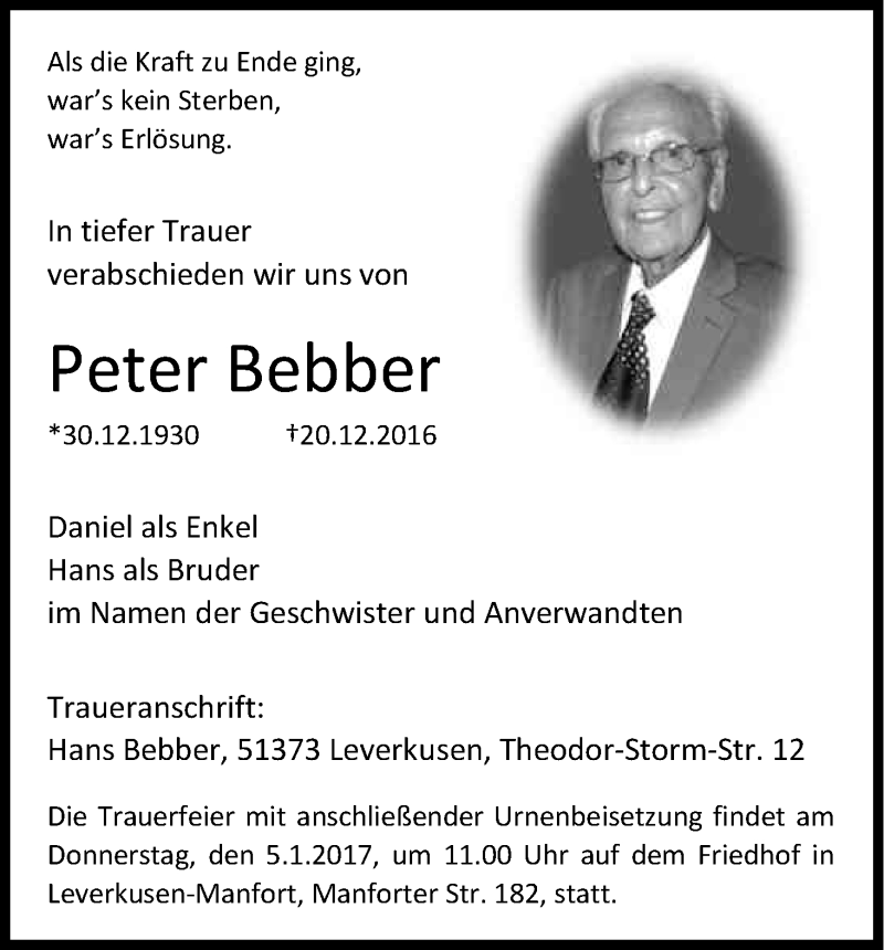  Traueranzeige für Peter Bebber vom 31.12.2016 aus Kölner Stadt-Anzeiger / Kölnische Rundschau / Express