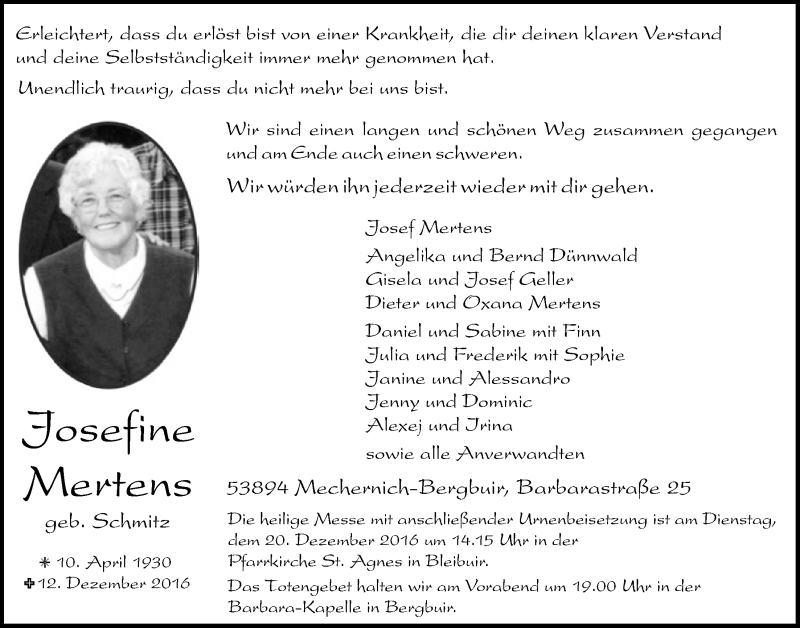  Traueranzeige für Josefine Mertens vom 17.12.2016 aus  Blickpunkt Euskirchen 