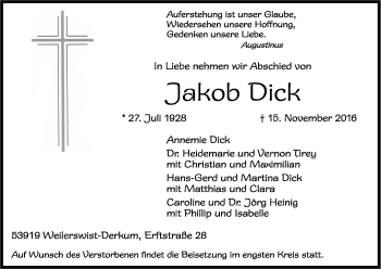 Anzeige von Jakob Dick von Kölner Stadt-Anzeiger / Kölnische Rundschau / Express